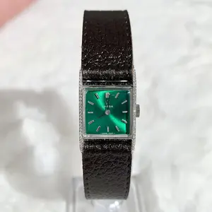 Omega Rectangular 16.5mm Manual Wind Stainless Steel Aftermarket Diamond Bezel Aftermarket Green Dial Leather Ladies Watch MWT000667