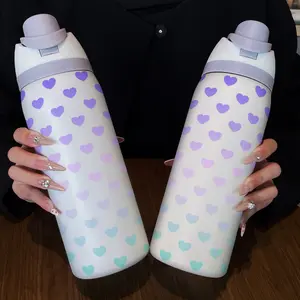 32oz Dual-Use Sports Insulated Water Bottle, Hydration Tumbler, Gradient Heart Pattern, 304 Stainless Steel, Large Capacity Fruit Cup, Perfect Gift