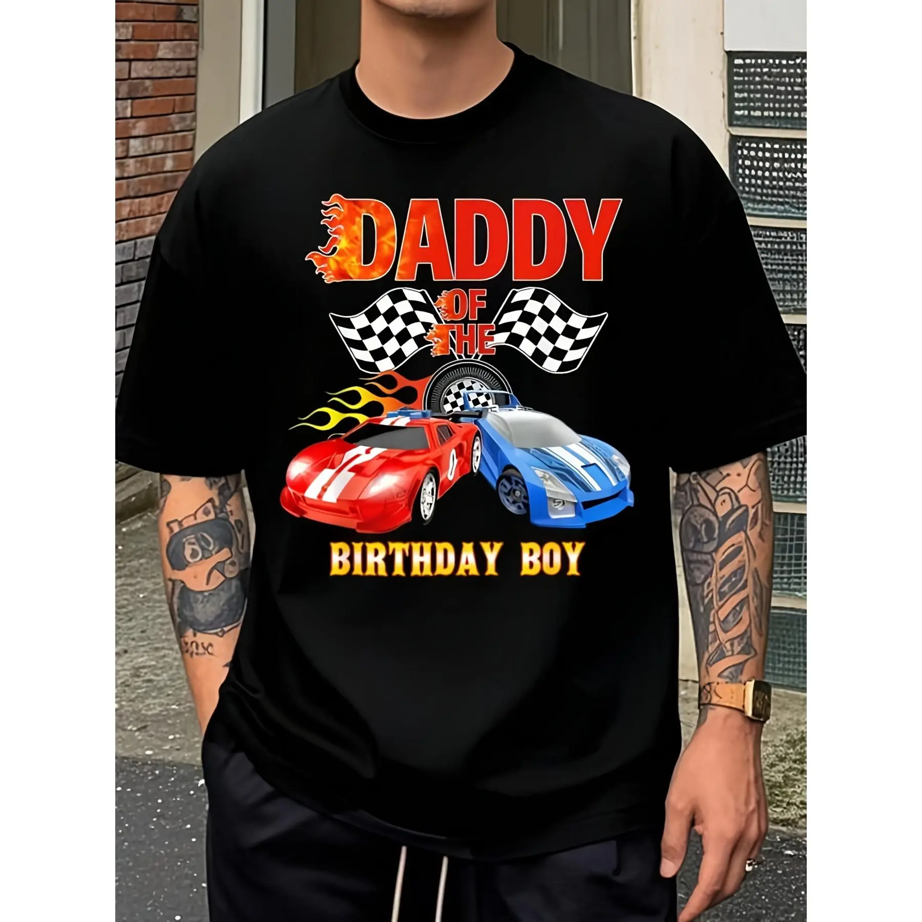 Daddy Of Birthday Boy Fire Race Car Wheel Birthday T Shirt Men's T Shirt Graphic Tees Crop Tops Outfits Tops T Shirt Breathable Sweat Wicking and Soft Suitable for Daily Commutes Lounging at Home and Casual Wear.2026 New Year's Party Street Style