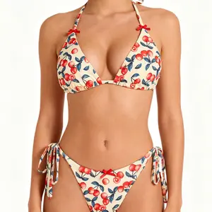 Seamoly Women's Summer Beach Floral Leaves Halter Tied Side Triangle Tanga String Bikini Set RushReady2025