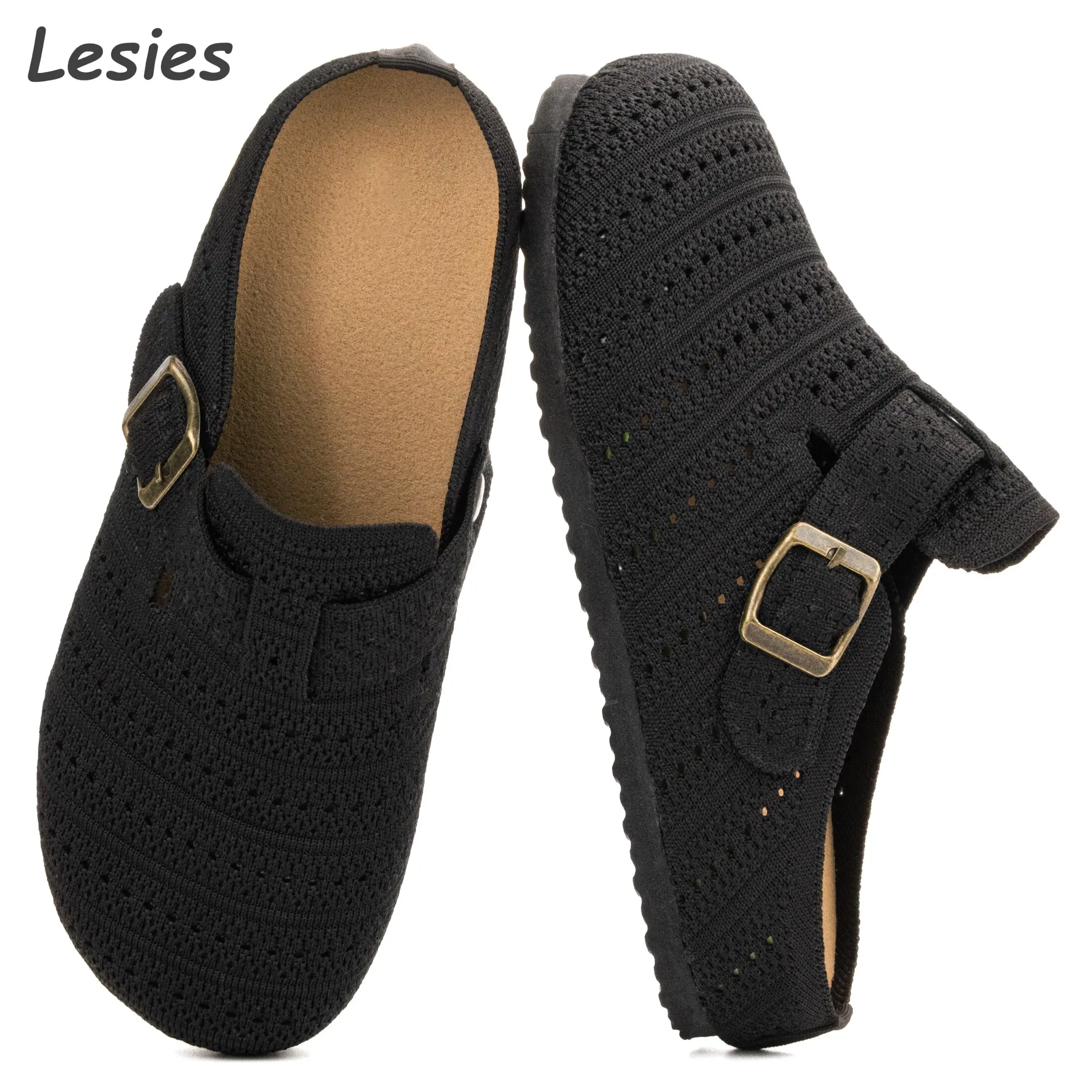 Womens Breathable Mesh Walking Mules Sneakers Open Back Slip On Shoes with Adjustable Buckle