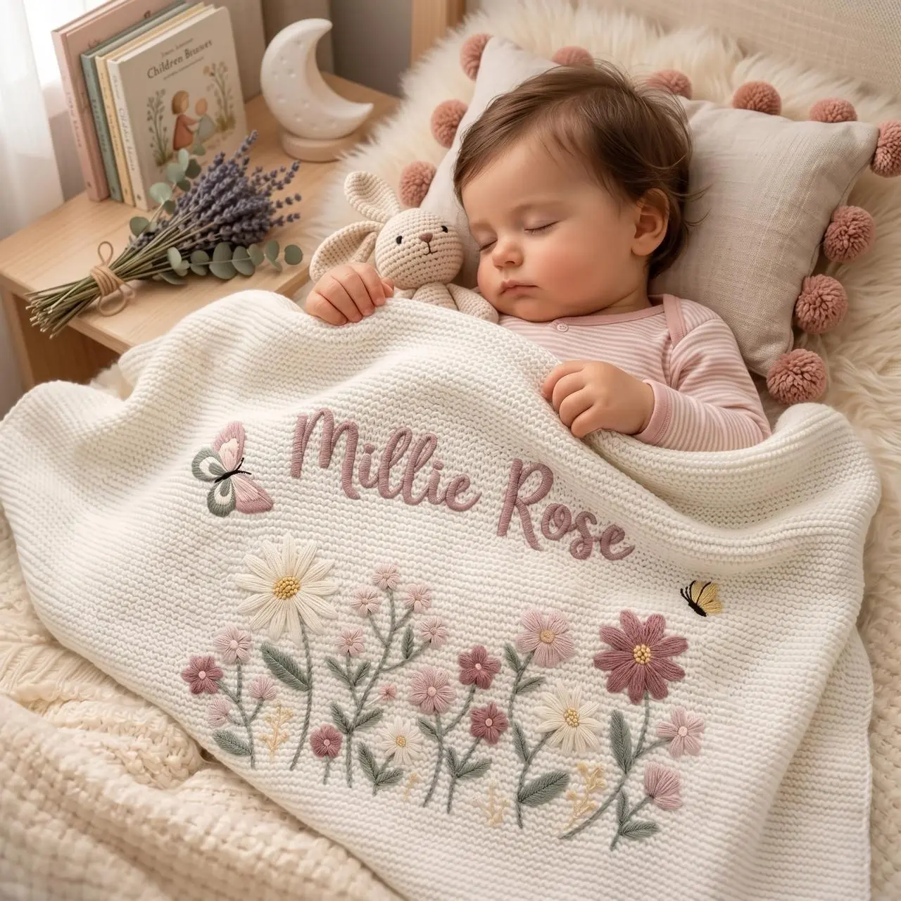 [Made-to-Order] Personalized Embroidered Butterfly Wildflower Baby Blanket, Custom Knit Baby Blanket with Name for Newborn, Floral Meadow Nursery Gift, Newborn Keepsake Gift