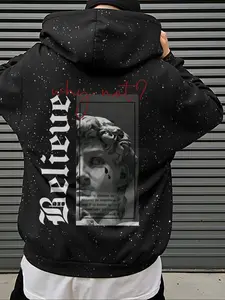 Men's Hooded Sweatshirt, Street Trendy Artistic Style Hoodides, "Believe" Print Design, Starry Sky Dyeing Process Pullover,  Casual Regular Loose Drawstring Hooded Sweatshirt, Suitable For Daily Vacation Outdoor Wear, Fall Outfits & Winter Outfits
