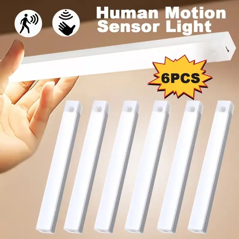6 Piece Rechargeable Wireless LED Light Strips, Motion Sensor, Automatic Lighting, USB Charging, Embeddable Cabinet Lighting, Kitchen Bedroom Closet Sink, Led Strip Lights