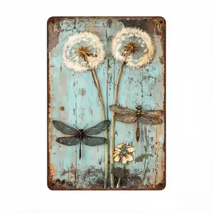 Rustic Wooden Wall Art - 8x12 in Vintage Wall Art with 3D Dragonfly, Artistic Floral Dandelion Print, Waterproof Retro Antique Metal Decorative Sign, Shabby Chic Farmhouse Decoration for Kitchens, Indoor/Outdoor Gift