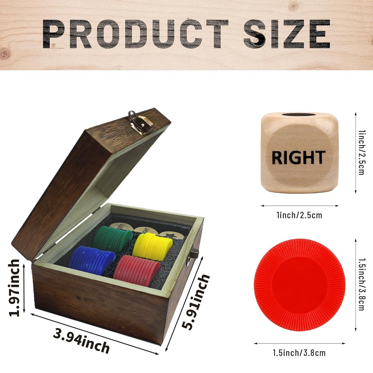 Fun Left Right Roll Dice Game Set, Include 3 1-inch Wooden Dices 48 Pcs Chips in Wooden Box, Easy to Store and Carry Around for Travel(Wood)