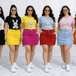 Women's Set - Colorful Bunny Print T-Shirts & Cargo Skirts for Casual Wear