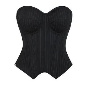 Black Pinstripe Corset Top for Women Strapless Overbust Bustier Chic Elegant Office Style Fashion Piece Womenswear Casual Outfit Clothes 547-D1