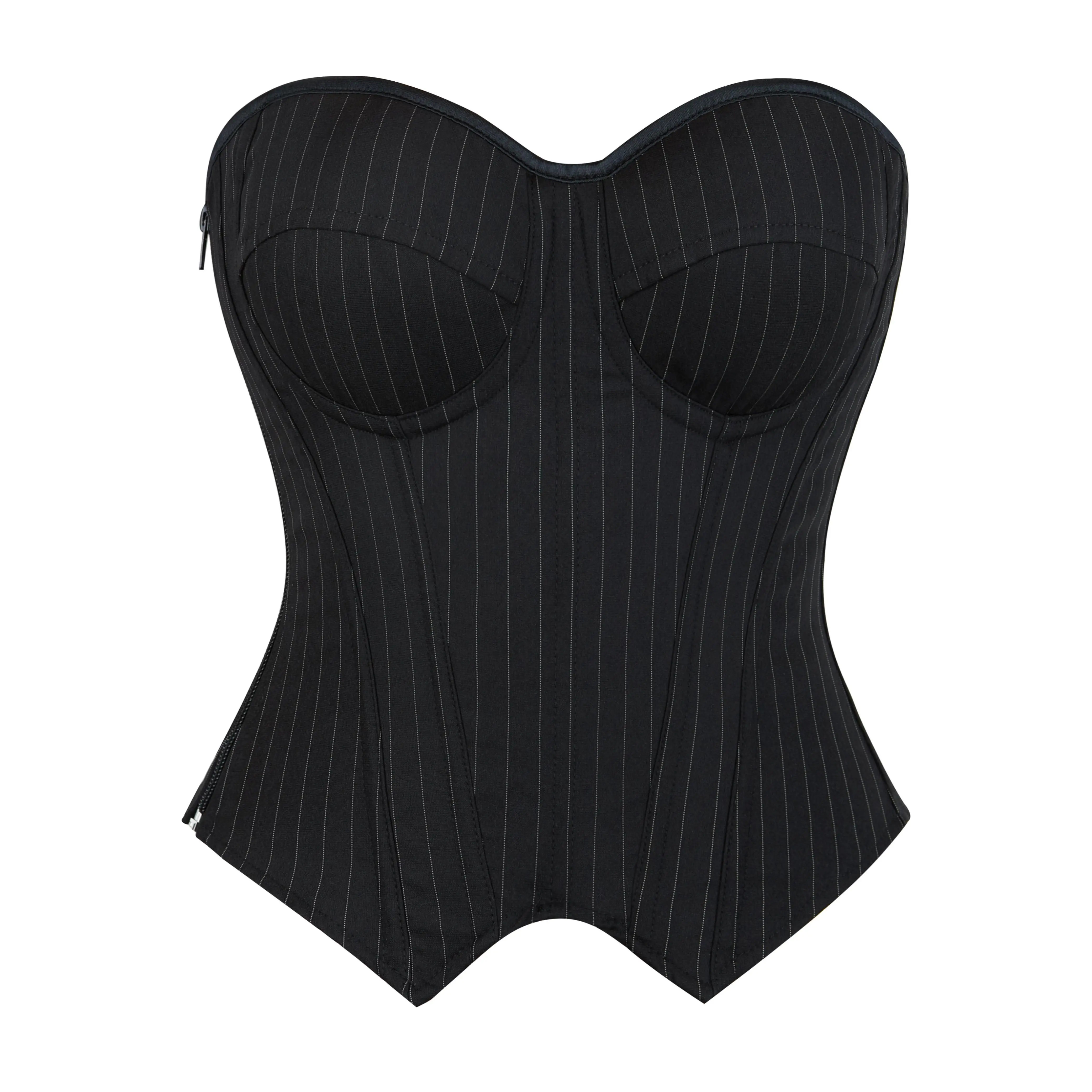 Women's Black Pinstripe Strapless Overbust Polyester Bustier Corset Top - Stylish Elegance Fitted Shapewear Garment, No Shoulder, Work Office-Casual Clothes - Hand Wash Only, Item 547-D1