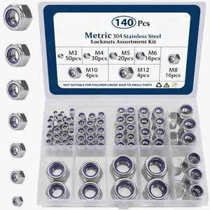 Locknuts Assortment Kit,M3 M4 M5 M6 M8 M10 M12 140PCS Metric Nylon Insert Lock Nuts Set,304 Stainless Steel Lock Nuts for Bolt