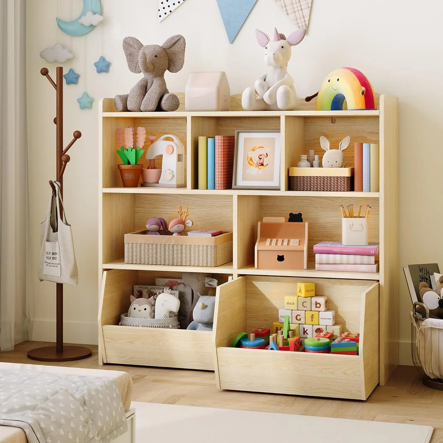GAOMON Toy Storage Organizer, Kid Bookshelf, Toy Storage Cabinet, Toddler Bookcase Cabinet for Playroom, Bedroom, Nursery, Living Room, Natural
