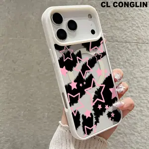 Black leopard print and stars Pattern Magnetic MagSafe Phone Case for iPhone 17 Air/16 Pro Max 15 Pro 14 13 12 11 Plus Lightweight Shockproof Slim Protective Cover Supports Wireless Charging,Anti-Yellowing,Acrylic Case Casing