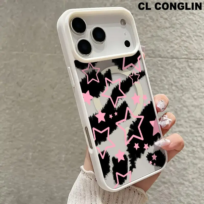 MagSafe Magnetic Aesthetic TPU Silicone iPhone Case Cover - Black Leopard & Stars Acrylic, Lightweight, Shockproof, Slim, Anti-Yellowing, Wireless Charging Support, Anti-Slip Mobile Phone Accessory for iPhone 17/16 Pro Max/15 Pro/14/13/12/11 Plus, Accesso