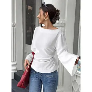 Women’s solid-color boat-neck flared-sleeve elegant top, perfect for autumn wear—fashionable and comfortable casual shirt GARMENTARY