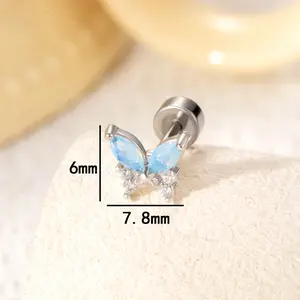 5 Pairs 20G Butterfly Opal CZ Titanium Steel Screw Back Cartilage Stud Set, Hypoallergenic Internally Threaded Nose Studs, Y2K Earrings for Women