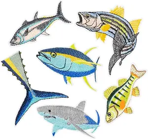 6 Pcs Fish Iron on Patches Deep Sea Ocean Animal Bass Shark Tuna Tail Sew on Embroidered Applique Repair Patch DIY Crafts Accessories Embroidery Gifts for Fishermen Fishing Gear Clothing Backpack Hat
