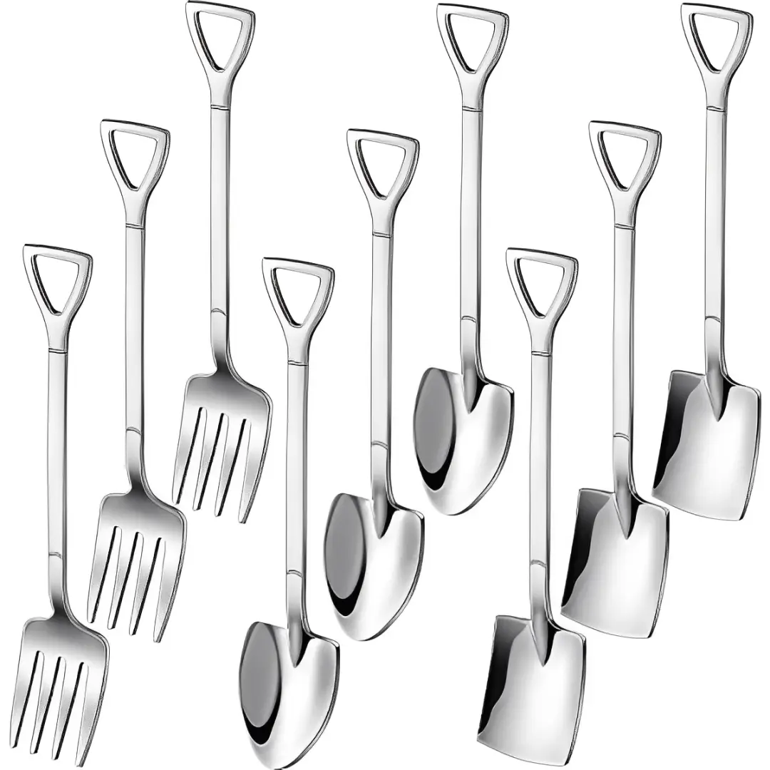 9-Piece Mini Shovel Spoons and Fork Set  Includes 3 Shovel-Shape Spoons, 3 Pointed Spoons, and 3 Stainless Steel Forks for Desserts, Cutlery Tableware