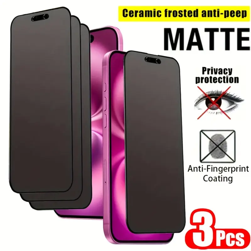 Three-Piece Matte Anti-Spy Tempered Glass Film Smartphone Screen Protector, Enhanced Privacy, Edge Reinforcement, Drop & Scratch Resistant, Bubble-Free, for iPhone17 Pro Max/17 Air/16 Pro Max/16 Plus/15 Pro Max/14/13/12/11/XS/XR Series