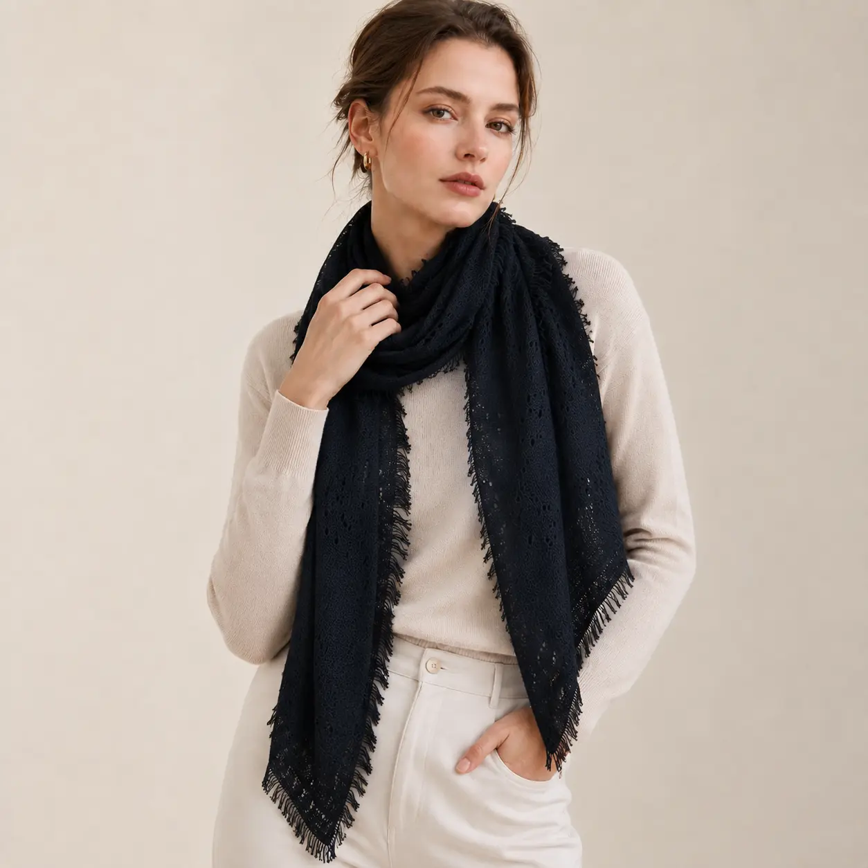 100% Cashmere Lace Scarf — Ultra-Soft Tassel Shawl, Available in Multiple Colors