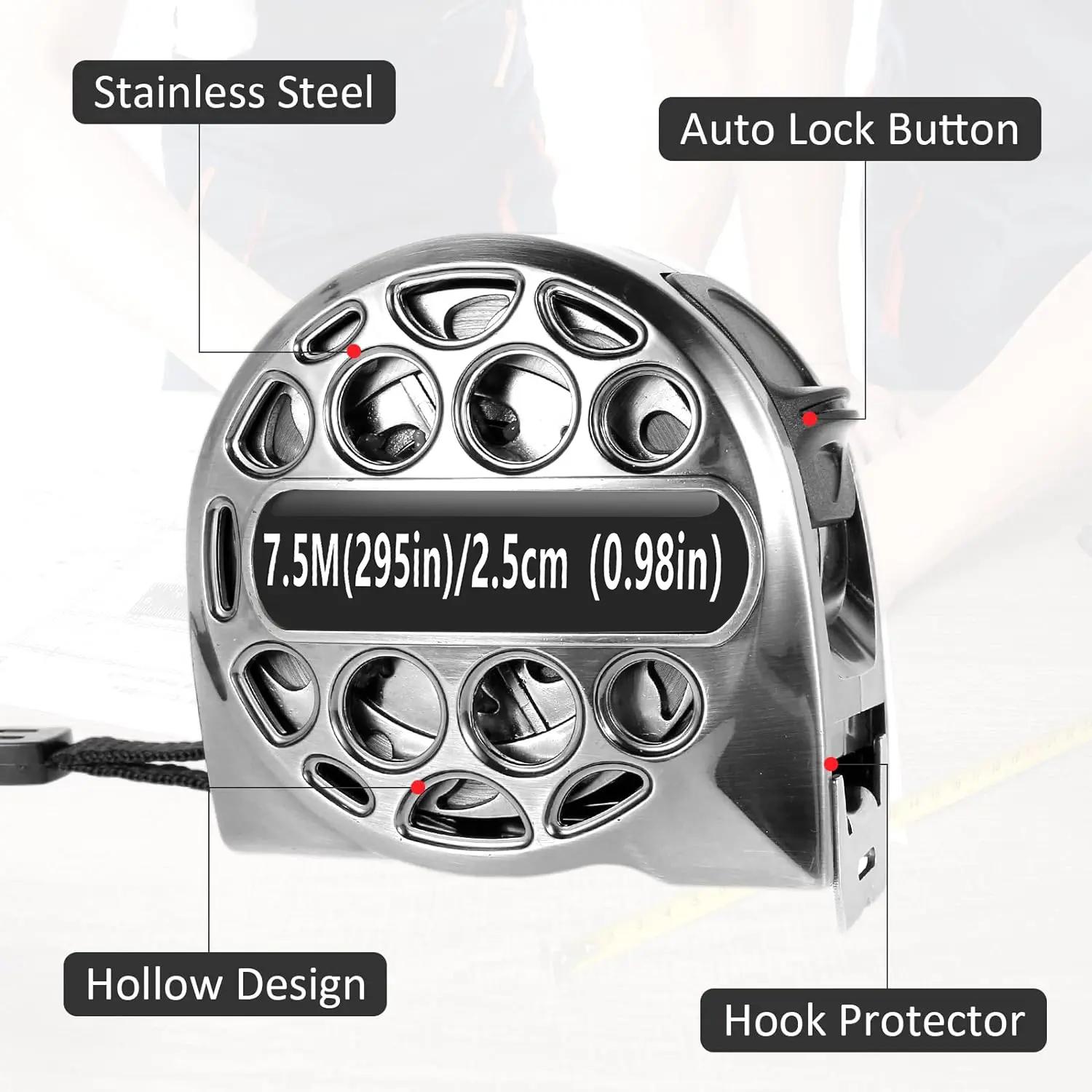 25FT/7.5M Stainless Steel Tape Measure, Double-Sided Scale, Heavy Duty Retractable Measuring Tape with Auto Lock, Waterproof Durable Tool for Construction, DIY & Home Use