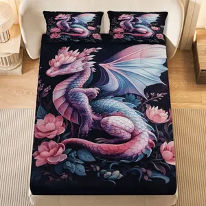 3Pcs Dragon Fantasy Floral Fitted Sheet Three Piece Set (1*Fitted Sheet+2*Pillowcases, Coreless), Fantasy theme, Dragon Floral Bedding Set, Mattress protector Soft, Breathable