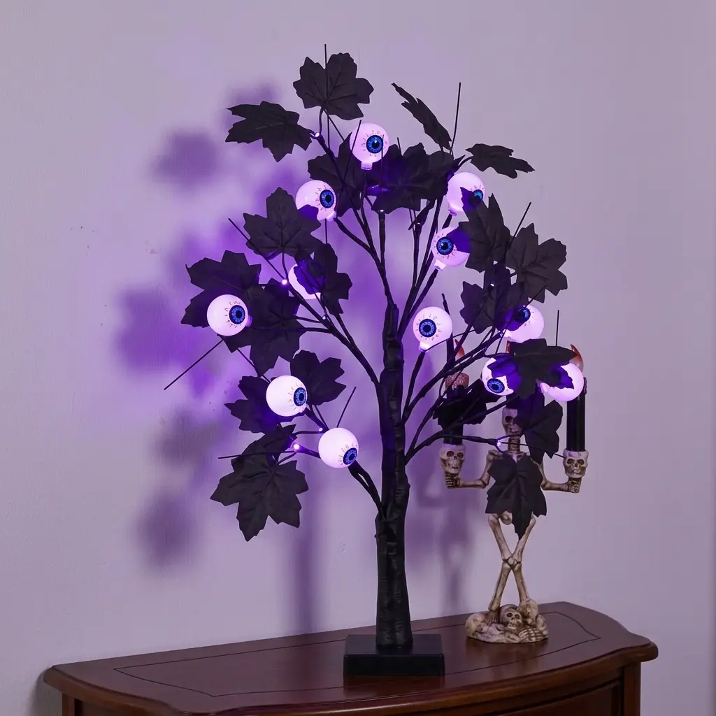 Glowing Purple Eyeball Tree Light-Up Novelty Toy with Skeleton Candelabra, Spooky Halloween Desk Decor for Teens