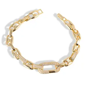 14K Gold Plated Cuban Link Bracelet with CZ Stones 7" + 2" Extension Durable Bold Eye Catching Perfect for Everyday Wear or Special Occasions