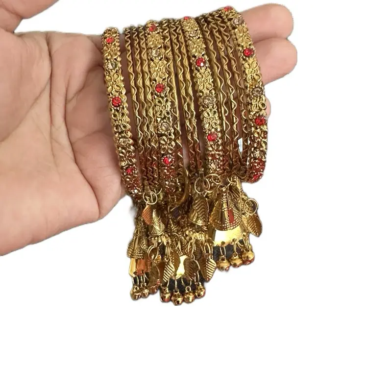 Traditional Metal Bangle Set for Women, 13-Piece Gold-Toned Classic Jewelry with Latkan Dangler for a Traditional Look, Size 2.6, Metal Finish
