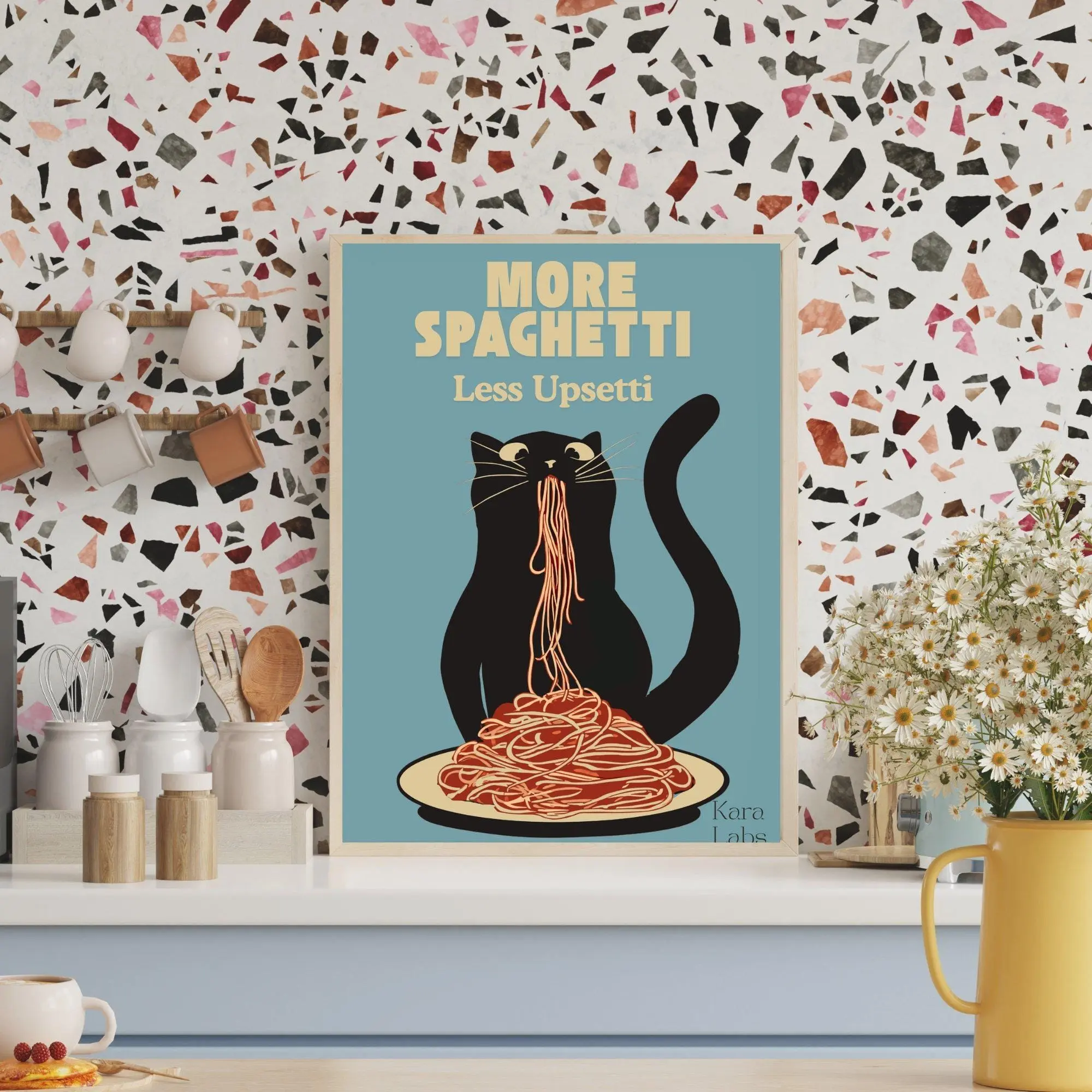 Hungry Cat Spaghetti Print, Humorous Poster, Funny Wall Art for Kitchen