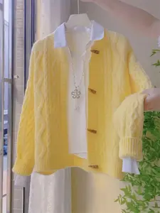 New Gentle Sweet Knit Sweater for Women, Autumn Winter Vintage Thick Wool Cardigan Coat, Soft Horn Button Design