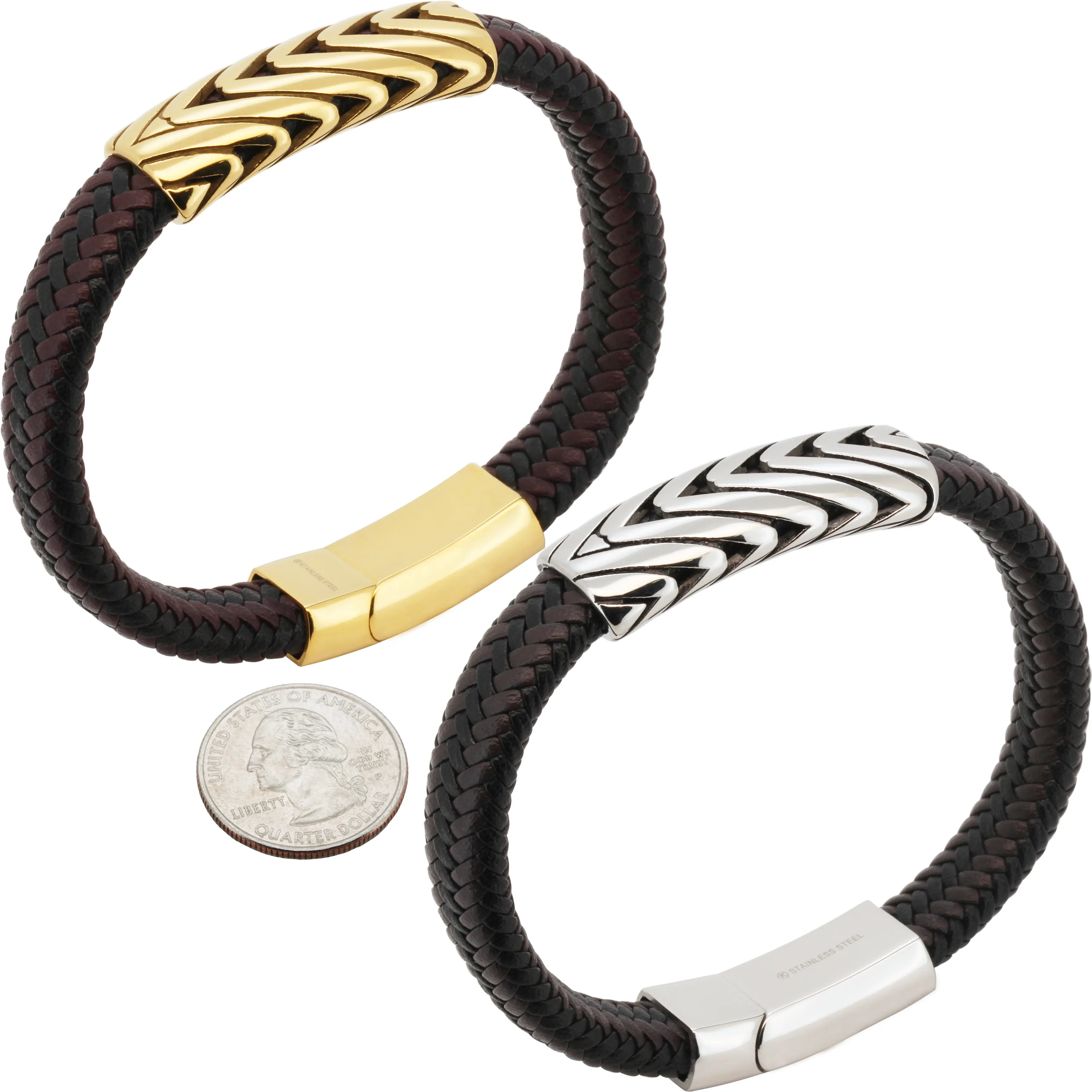 316L Stainless Steel 18k Yellow Gold Plated 15mm Two-Tone Chevron Pattern Braided Leather Bracelet 8.5”