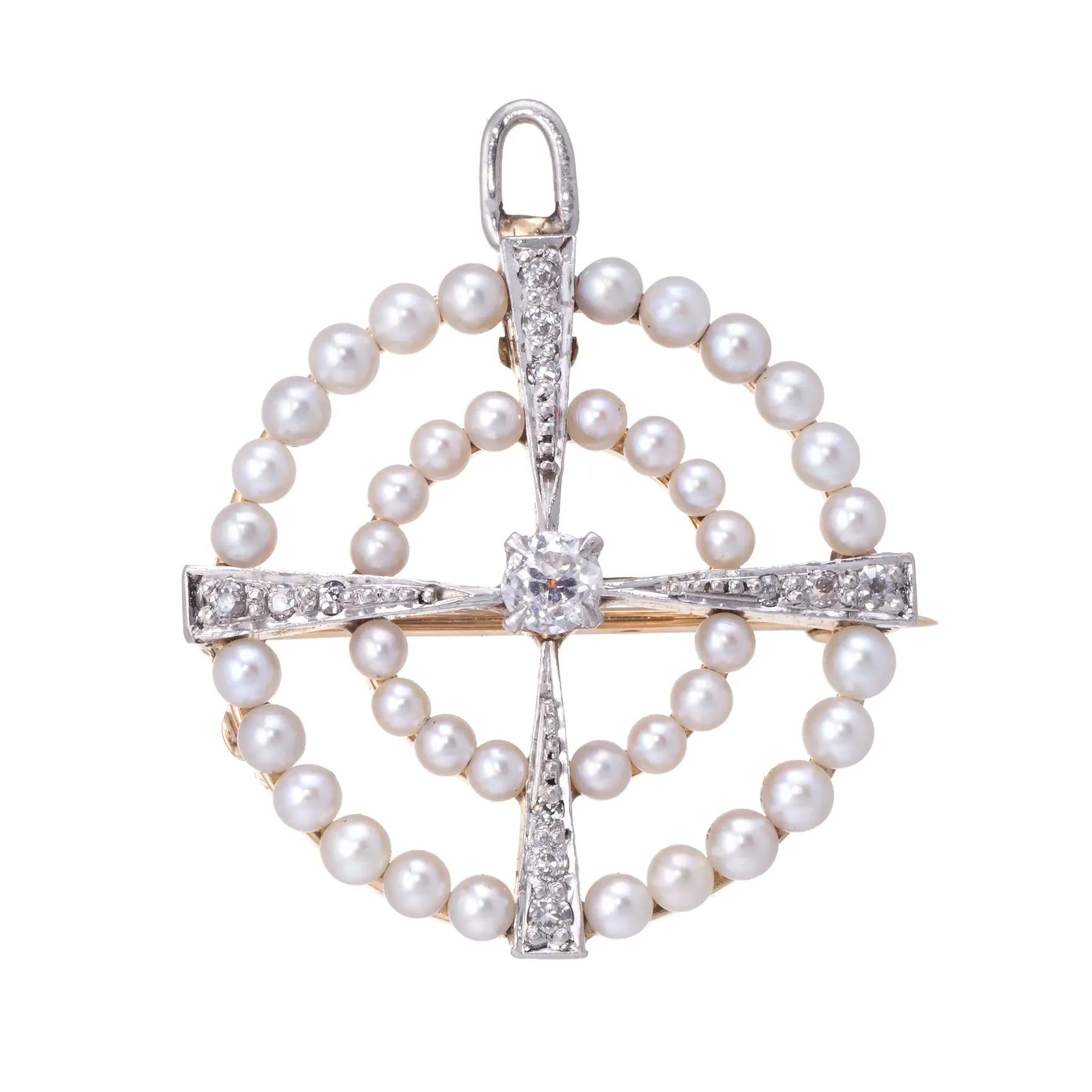 Vintage Art Deco Diamond Cultured Pearl Circle Pendant Brooch Fine Jewelry