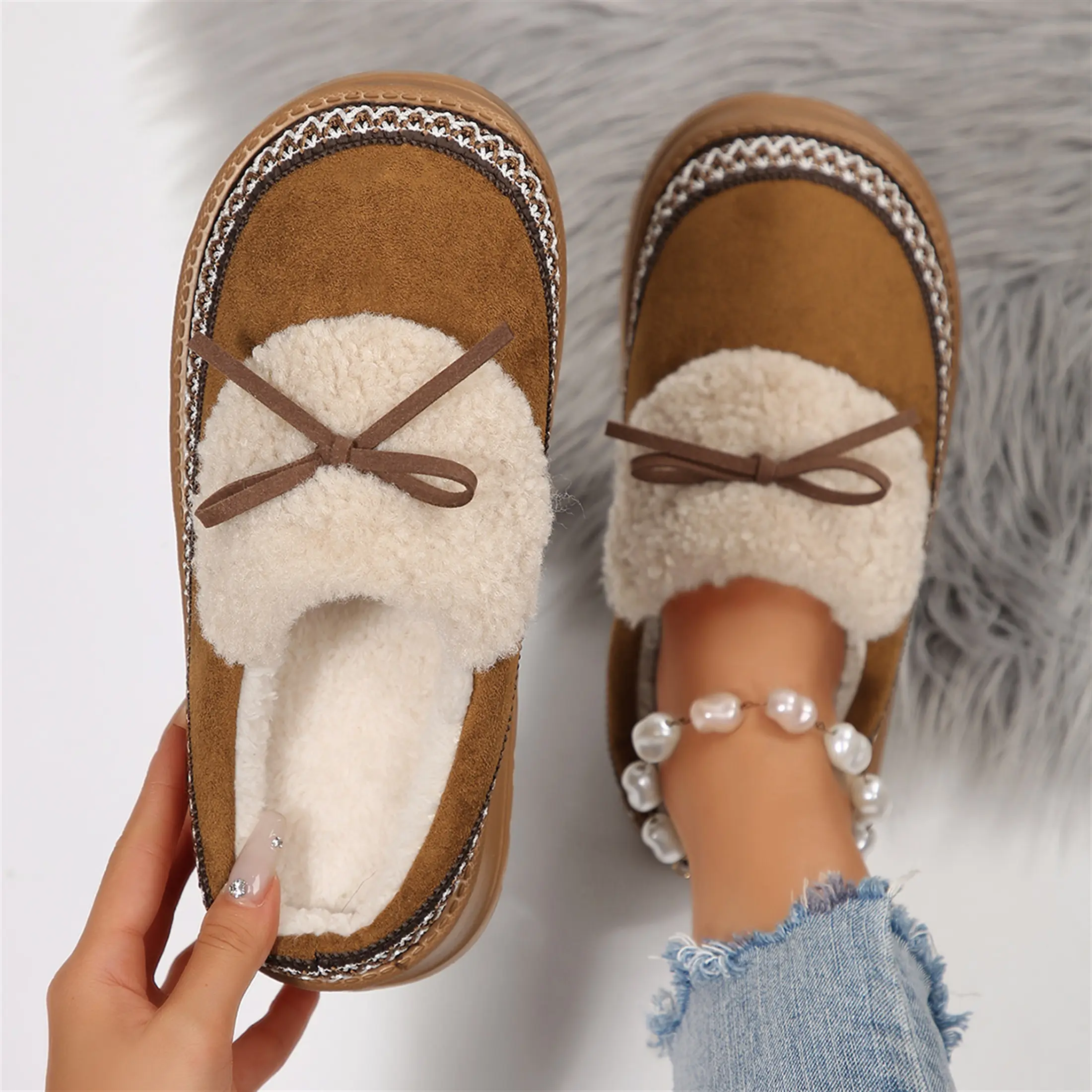 Suede Fleece Slippers for Women - Thick-Soled & Fluffy Bow Decorated - Cozy Indoor/Outdoor Shoes Winter Warm Mini Snow Boots