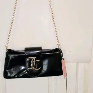 Juicy Couture Black Bow Satchel Handbag with Gold Chain Strap - Heart Logo Faux Leather Purse - Romantic Gift for Her - Perfect for Valentine’s Day