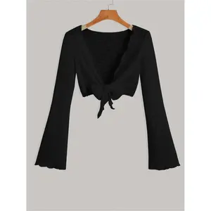 Women's Solid Color Open Front Crop Cardigan, Casual Long Sleeve Tie Front Knitwear for Summer, Fashion Women's Knit Clothing for Daily Wear, Tops