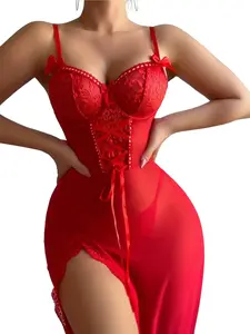 Romantic Date Night Dress | Navy Blue Lace Corset Maxi Set | Sheer Mesh High Slit Lingerie Gown