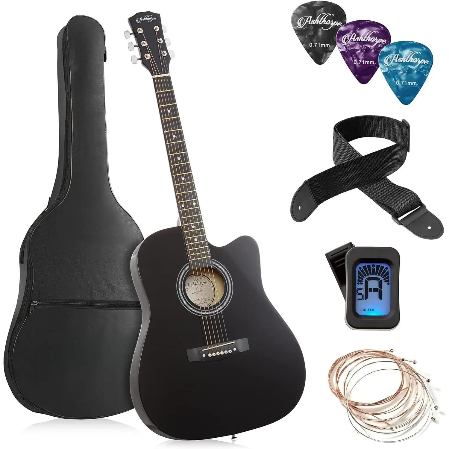 41-inch Beginner Cutaway Acoustic Guitar Package (Black), Full Size Basic Starter Kit w/Gig Bag, Strings, Strap, Tuner, Picks