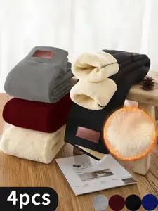 4-pack, Women's Solid Casual Plush Leggings, Warm and Comfortable, Casual Fashion Leather Label, Winter Warm Pants