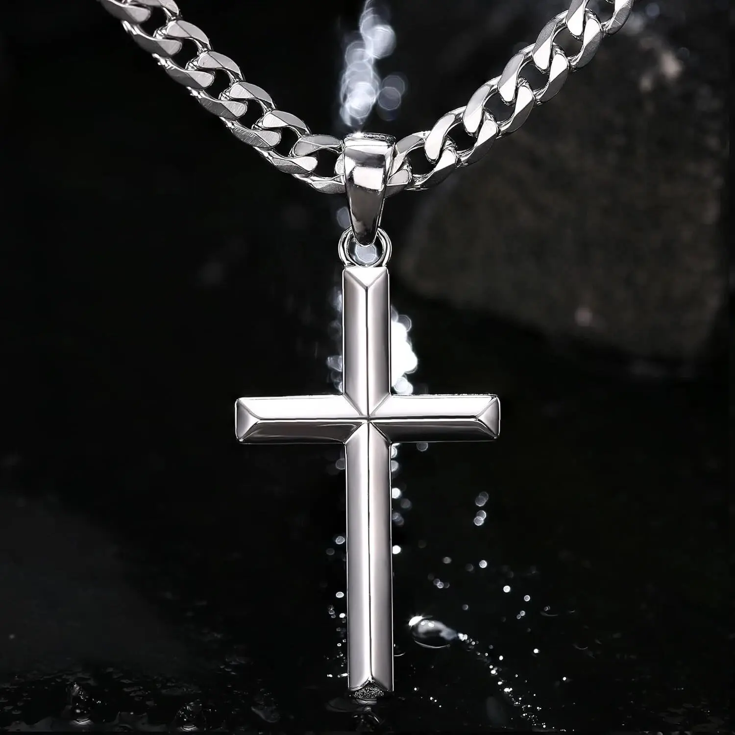 Sturdy Unisex Diamond-Cut Fiusem Stainless Steel Cross Pendant Necklace, Beveled Edge Box Chain, Hypoallergenic for Sensitive Skin, Christian Spiritual Jewelry for Women, Stylish Jewelry Box Included, Great Wearing Experience Cross Necklaces