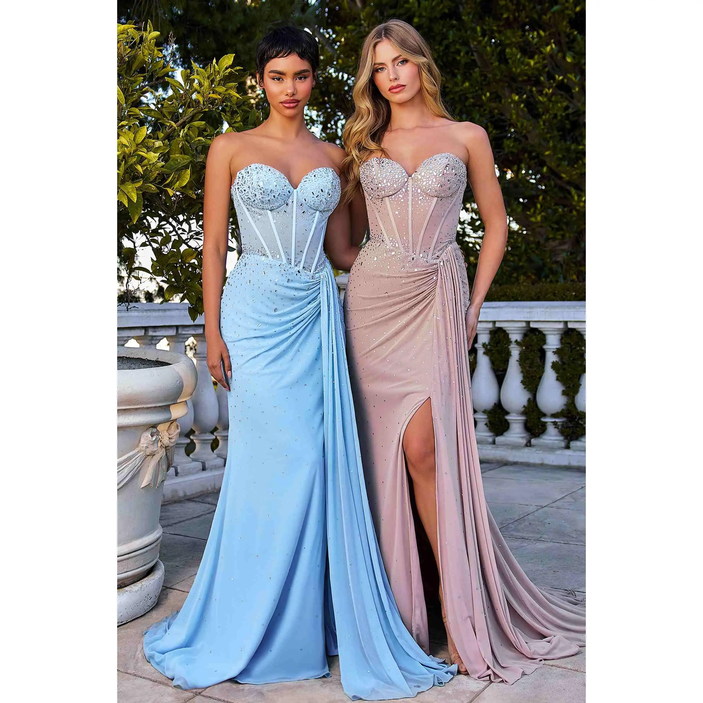 Ladivine CD770 Women's Sleeveless Corset Gown - Full Length Fitted Stretch Netting Formal Dress, Rhinestone Beads Accents, Lace-Up Back, Sash, Sweetheart Neckline, Structured Body for Prom, Party (Womenswear)