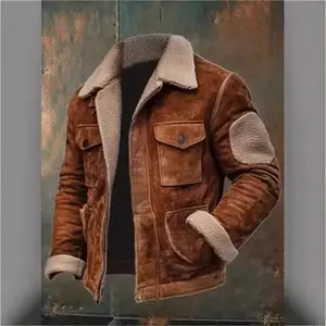 Men's Shearling Lined Suede Leather Jacket with Sherpa Collar and Elbow Patches, Warm Winter Outerwear