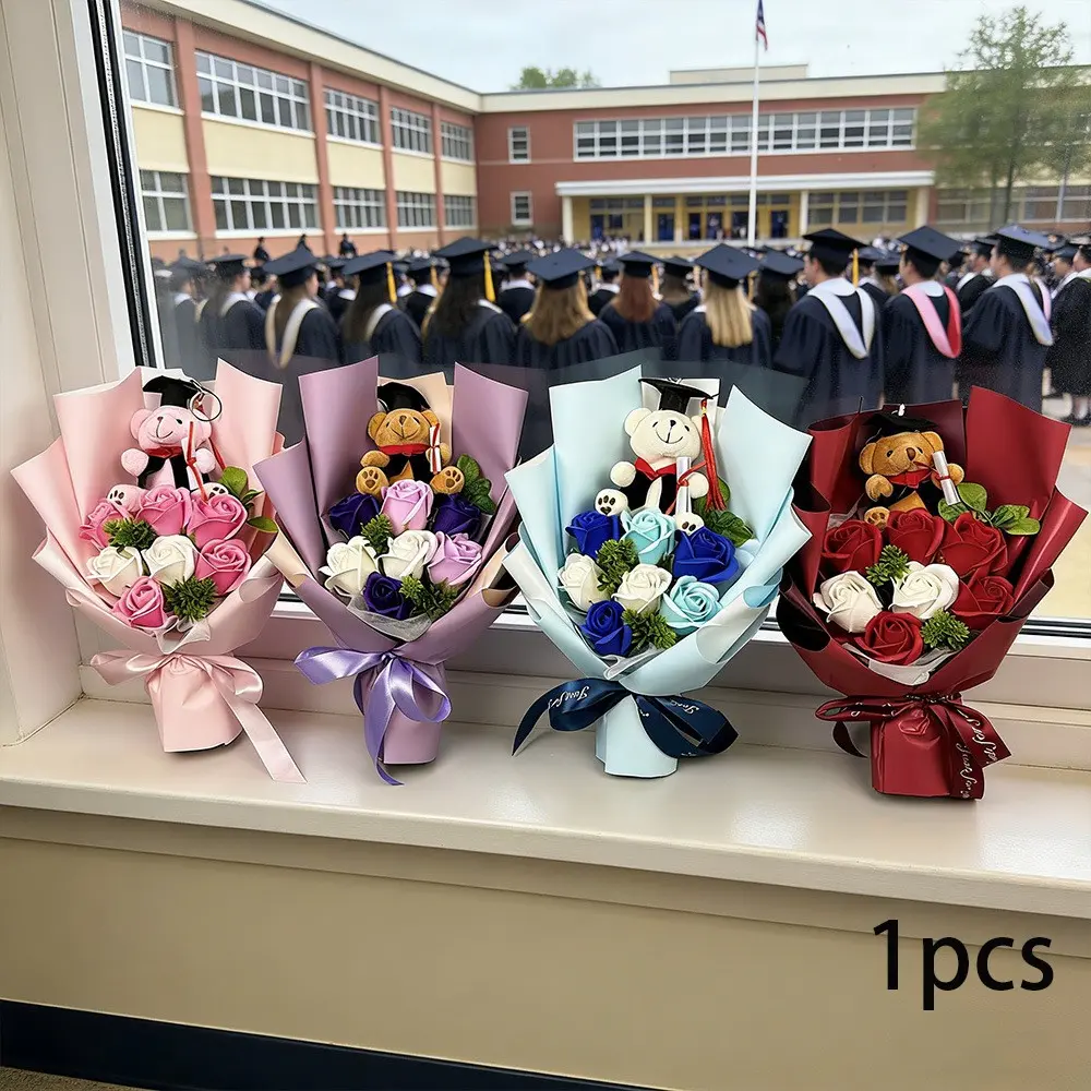 Graduation Bouquet Gift Box with Pink Teddy Bear & Grad Cap, Preserved Rose Bouquet in Black Gift Box, Graduation Photo Prop & Souvenir for Her, College High School Graduation Gift Decoration, Graduation Favors, Party Gifts, Forever Rose Gift