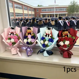 Graduation Bouquet Gift Box with Pink Teddy Bear & Grad Cap, Preserved Rose Flower Bouquet in Premium Black Gift Box, Perfect Graduation Photo Prop & Souvenir for Her, College High School Graduation Gift Decoration