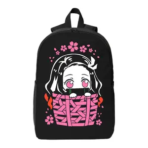 Demon Slayer Nezuko Backpack – Black Casual Bag with Chibi Nezuko in Basket & Cherry Blossom Print, Cute Anime-Inspired Backpack for Fans, Durable for School, Daily Use or Light Travel