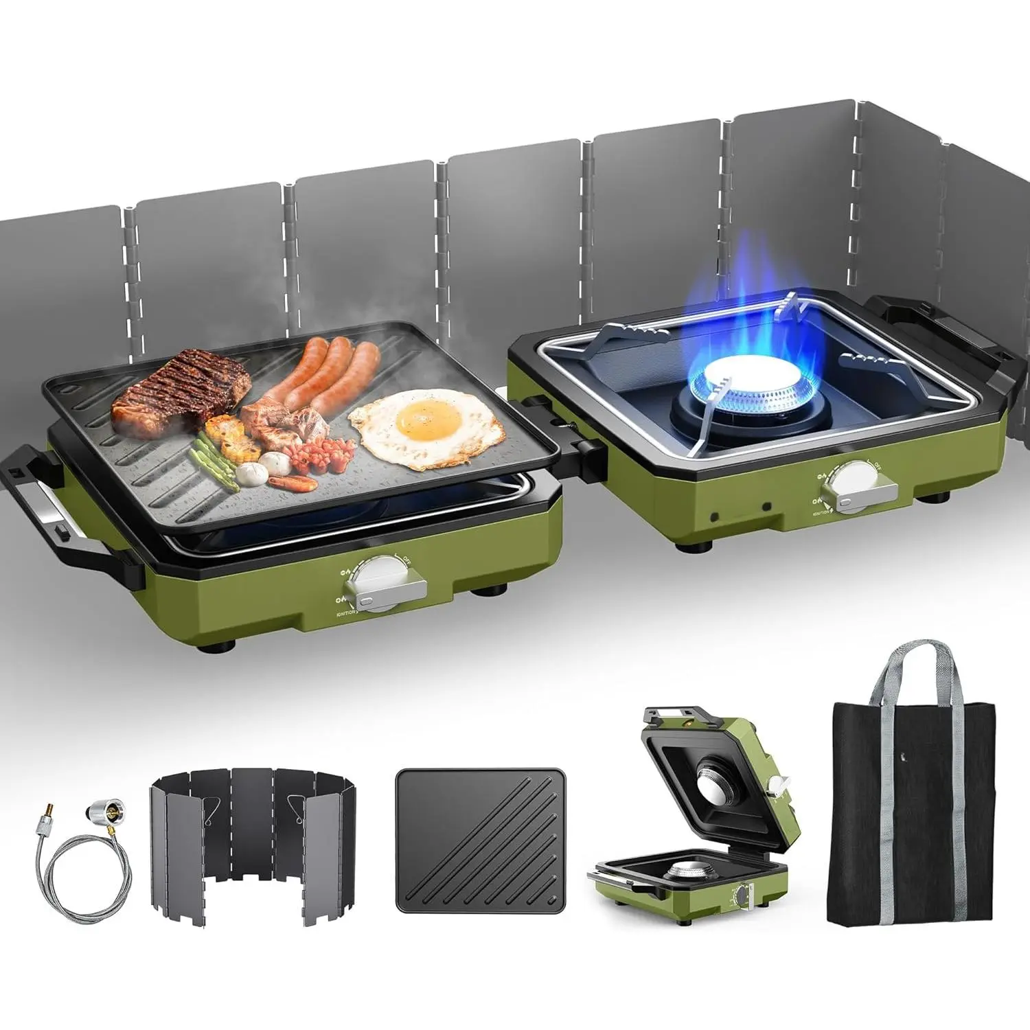2 Burner Camping Stove with Windshield, 20000 BTU Propane Camp Stove, Portable Folding Gas Stove, Camping Essentials Gear Includes Frying Pan, Coffee Stand & Carry Bag, Green