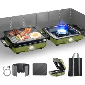2 Burner Camping Stove with Windshield, 20000 BTU Propane Camp Stove, Portable Folding Gas Stove, Camping Essentials Gear Includes Frying Pan, Coffee Stand & Carry Bag, Green