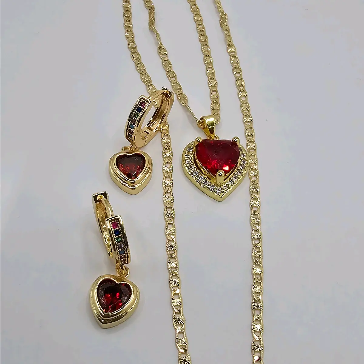 beautiful hearts set red color chain with earrings hoops  style gold-plated 24"inches