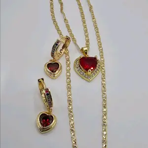 beautiful hearts set red color chain with earrings hoops  style gold-plated 24"inches