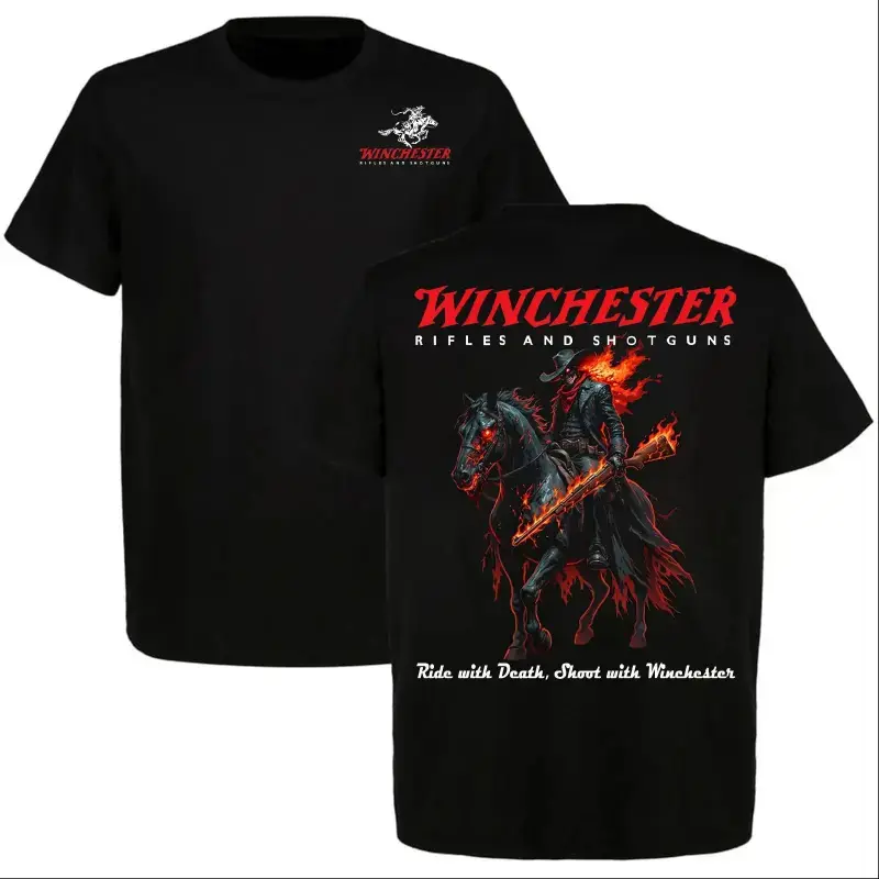 Winchester Rifles and Shotguns T-Shirt, Flaming Outlaw Horseman Graphic Tee, Dark Western Cowboy Rider Shirt, Ride with Death Streetwear clothing oversized tshirt women  shirts women custom shirt women purple rain shirt