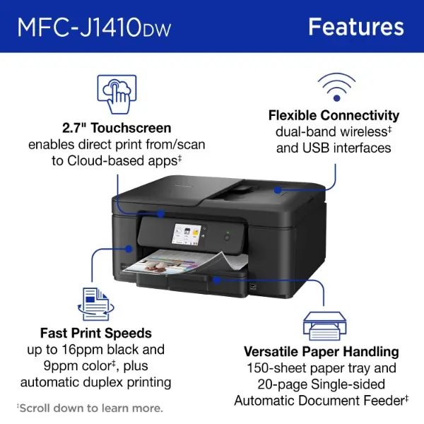 Wireless Color Inkjet All-in-1 Printer, 2.7" Touchscreen, Automatic Duplex Printing, Wi-Fi Connectivity, Print Copy Scan Functions